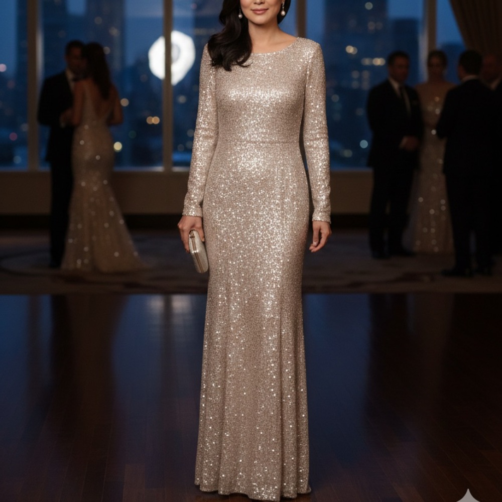 NWT Donna Karan New York Champagne Sequin Gown Long Sleeve Formal Maxi SZ 12
